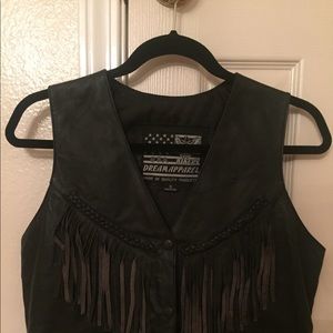 Women’s fringe black leather vest